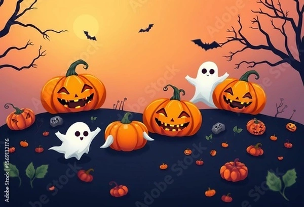 Fototapeta Spooky Halloween card featuring cute cartoon pumpkins and ghosts, boo, spider