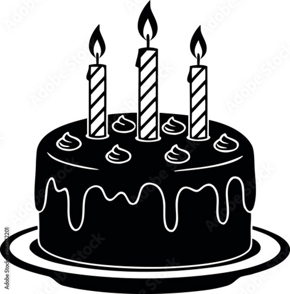 Fototapeta Black and White Vector Graphic of a Round Birthday Cake with Three Striped Candles and Icing Drips on a Plate