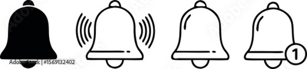 Fototapeta Four Black Bell Icons Horizontal Row One Bell Sound Waves One Bell Notification Number One Simple Bold Outline Style