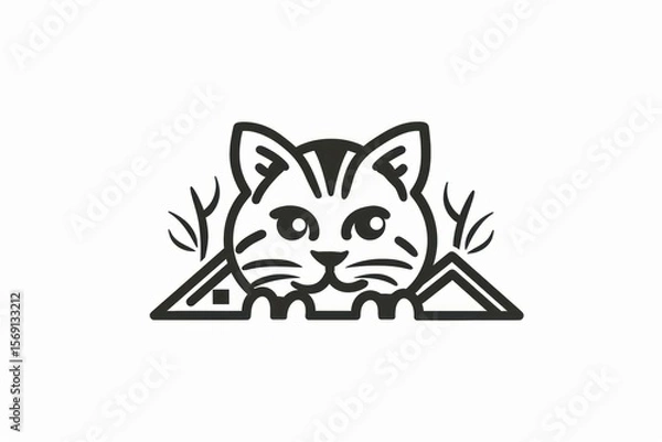 Fototapeta Playful line art design of a cute cat peeking out from behind houses and plants, creating a charming and whimsical scene