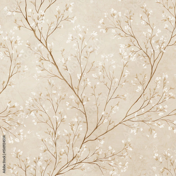 Fototapeta A tree with white flowers is shown on a tan background