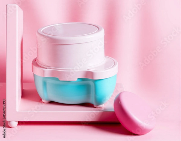 Fototapeta Pink and Blue Baby Powder Container Set with Lid and Sponge on Pink Background