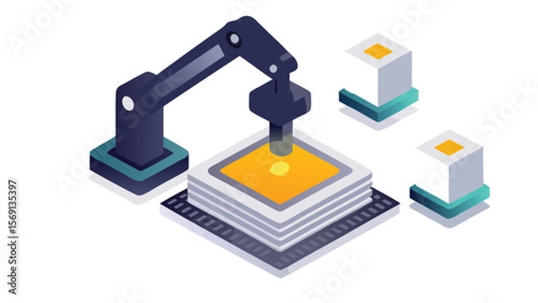 Fototapeta Robotic arm working on a chip with cubes on the side in an isometric view representing technology