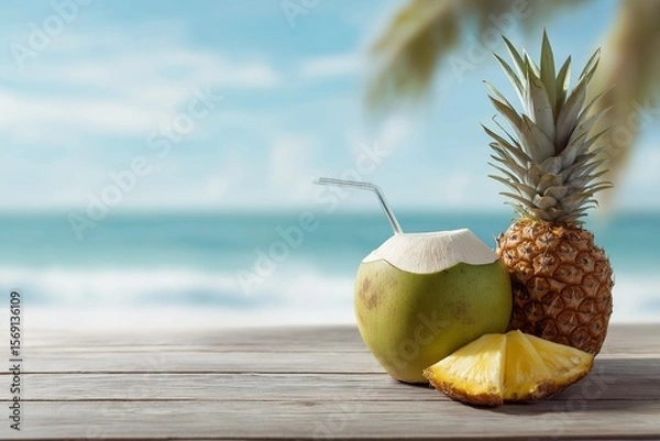 Fototapeta Refreshing Coconut and Pineapple Arrangement on Wooden Table by Tropical Beach.