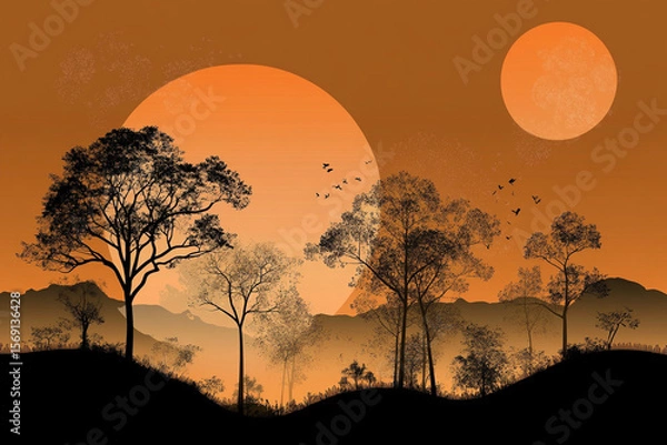 Fototapeta Radiant orange sunset with silhouettes of trees and distant mountains creating a tranquil atmosphere