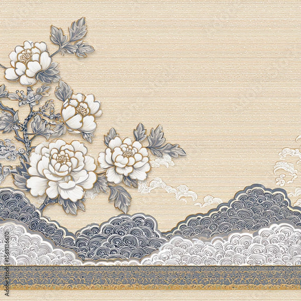 Fototapeta A painting of a mountain with a tree and flowers