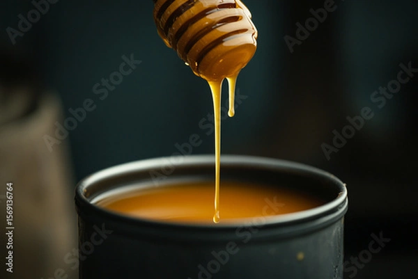 Fototapeta Honey drips from a wooden dipper into a dark container, showcasing a vibrant yellow color and a delightful texture