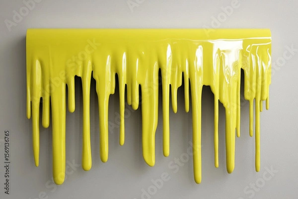 Fototapeta Dripping honey-like yellow paint creating a radiant effect on a smooth wall surface in an artistic display at midday
