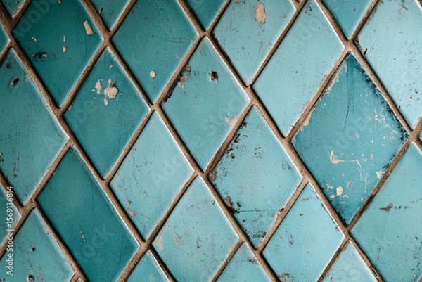 Fototapeta Repeating diamond pattern in shades of blue creates a visually striking background with textured tiles, showcasing an artistic design