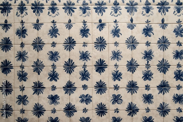 Fototapeta Repeating floral pattern in light and dark blue tiles creates a stunning visual effect