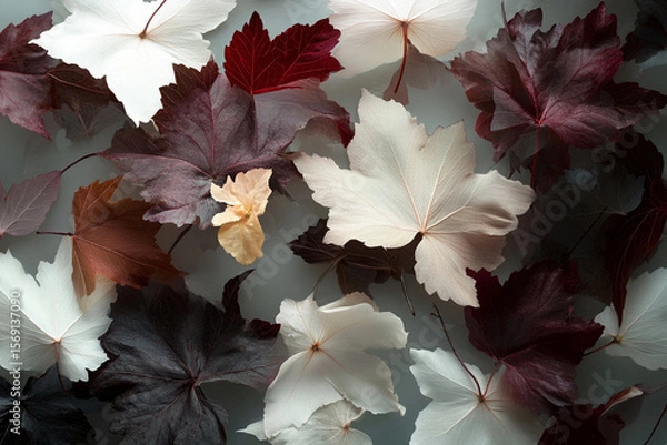 Fototapeta Vibrant floral pattern featuring soft crimson and pale leaves creating a harmonious and elegant design