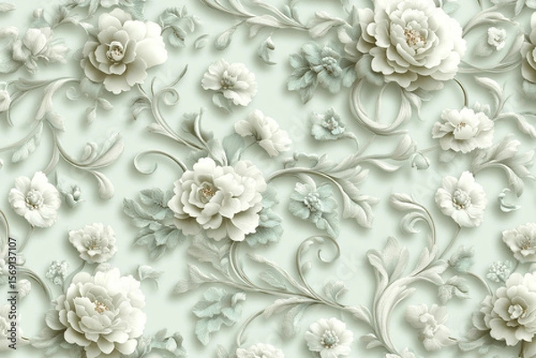 Fototapeta Repeating floral pattern featuring soft green tones and intricate detailing on delicate blooms and vines