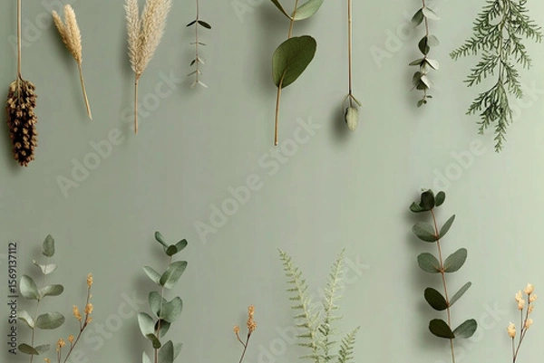 Fototapeta Floral pattern showcasing delicate greenery and botanical elements against a soft green background in natural light