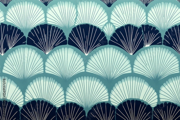 Fototapeta Repeating geometric pattern of cyan and navy blue fan shapes resembling a contemporary design aesthetic