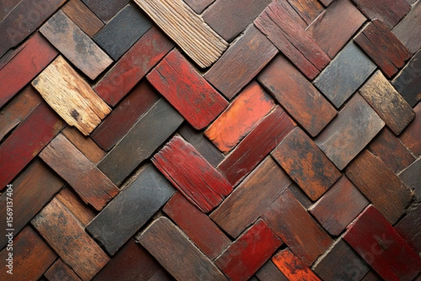 Fototapeta Repeating herringbone pattern showcasing rich ruby shades on a textured wooden surface in a contemporary setting