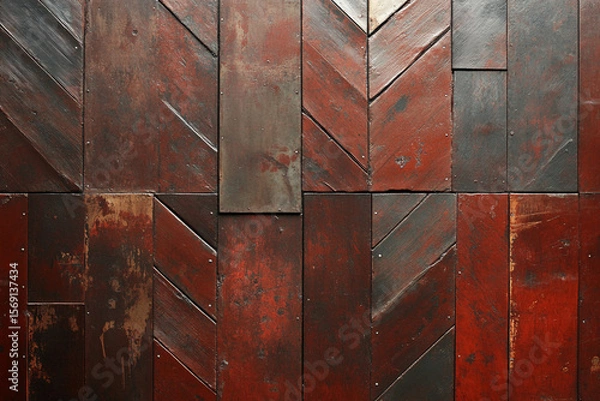Fototapeta Repeating herringbone pattern in rich ruby shades creates a striking visual effect on wood flooring