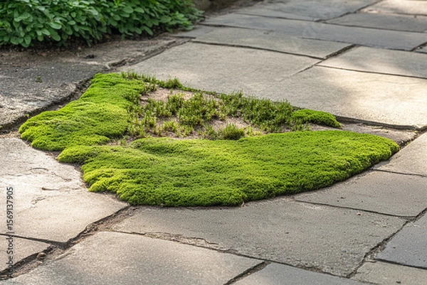 Fototapeta Moss shaped like a tiny forest landscape thriving between stone tiles in a serene outdoor environment