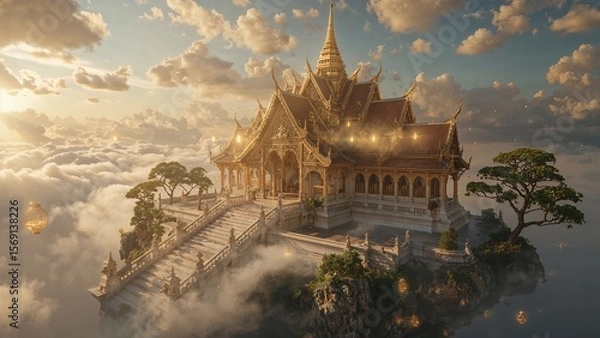 Fototapeta Majestic Golden Temple on Floating Island with Lanterns and Waterfalls in the Sky.