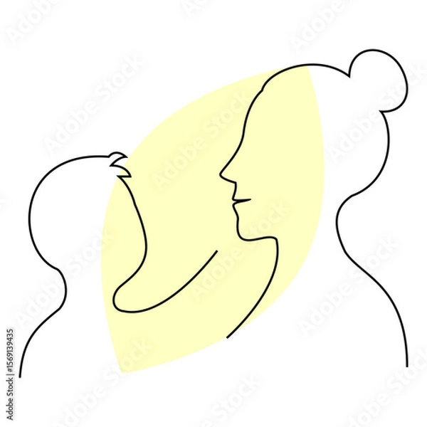 Fototapeta Mother and son line art portrait with yellow accent. Vector.
