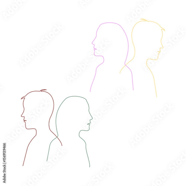 Fototapeta Four couples in profile drawn with colorful gradient lines. Vector.