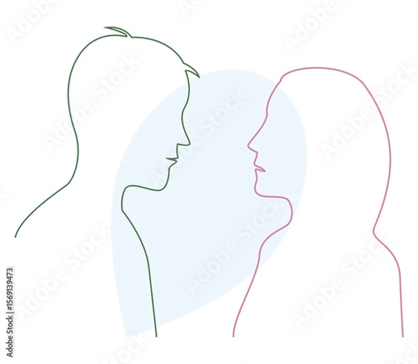 Fototapeta Man and woman facing each other over heart shape. Vector art.