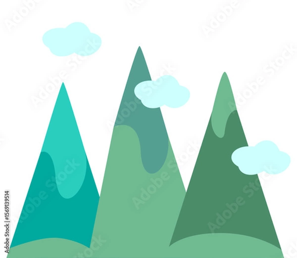 Fototapeta Three green mountains with clouds in flat style. Vector.