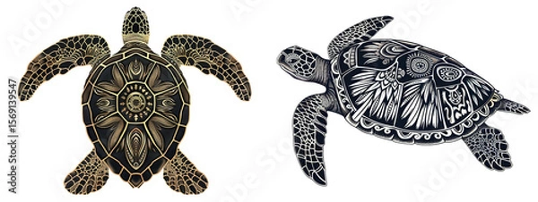 Fototapeta Turtles ornate sea with detailed shell designs on transparent background
