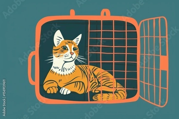 Fototapeta Serene ginger tabby cat resting comfortably inside an open pet carrier, enjoying a safe and cozy travel experience