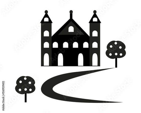 Fototapeta Black castle with trees and path. Vector silhouette art.