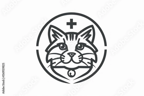 Fototapeta Simple line art logo featuring a cat's face, bell, and medical cross, ideal for veterinary or pet care branding