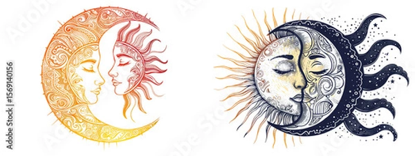 Fototapeta Sun and moon celestial watercolor style artwork set on transparent background