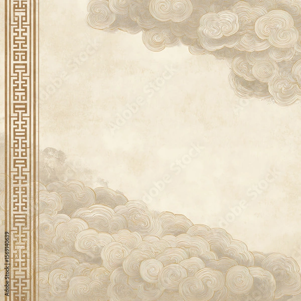 Fototapeta A white background with a gold border and clouds