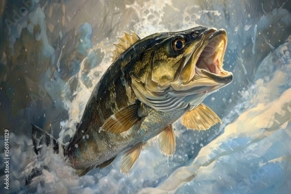 Fototapeta Largemouth bass energetically jumping out of splashing freshwater, creating a dynamic scene of wildlife