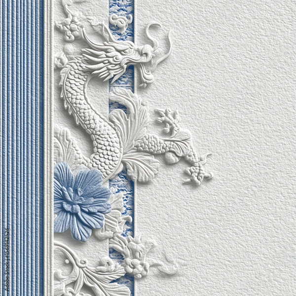 Fototapeta A white background with a blue dragon and flowers