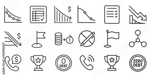 Fototapeta Set of icons for various financial concepts, including debt, zero debt, and a phone. The icons are all in black and white and are arranged in a grid