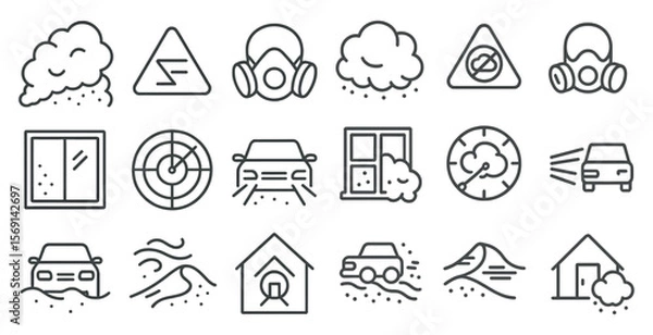 Fototapeta Set of icons depicting various weather conditions and safety hazards. The icons include a car, a house, a clock, a window, a house, a car, a house, a car, a house, a car, a house