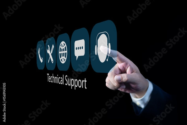 Obraz Businessman touching support icon on virtual screen, Technical support and customer service concept, business technology in customer assistance.