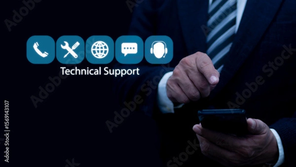 Obraz Businessman touching support icon on virtual screen, Technical support and customer service concept, business technology in customer assistance.
