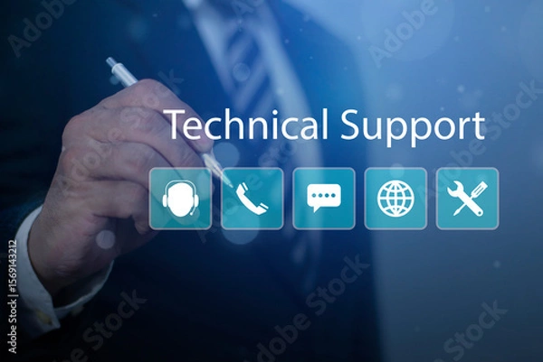 Obraz Businessman touching support icon on virtual screen, Technical support and customer service concept, business technology in customer assistance.