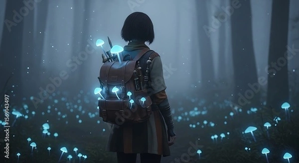 Obraz Young woman with backpack standing in mystical forest with glowing mushrooms