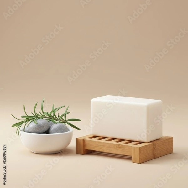 Fototapeta Photo of a bar of soap is displayed with rosemary and smooth stones