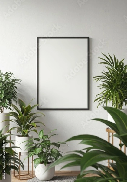 Fototapeta Photo of blank frame hangs on a white wall surrounded by plants