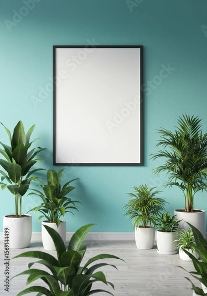 Fototapeta Photo of blank frame hangs on a turquoise wall surrounded by plants
