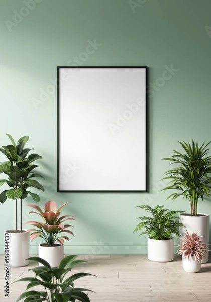 Fototapeta Photo of a blank frame is surrounded by plants against a green wall