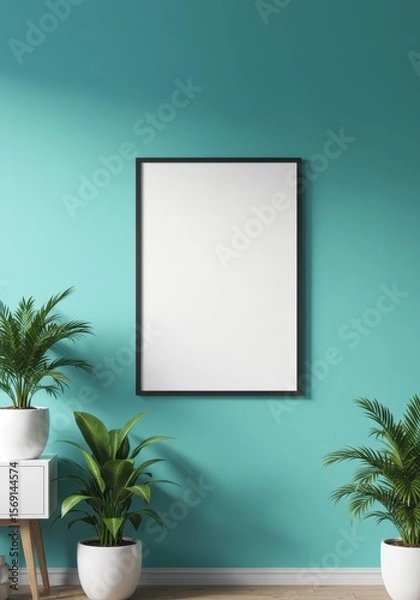 Fototapeta Photo of a blank frame is surrounded by plants against a blue wall