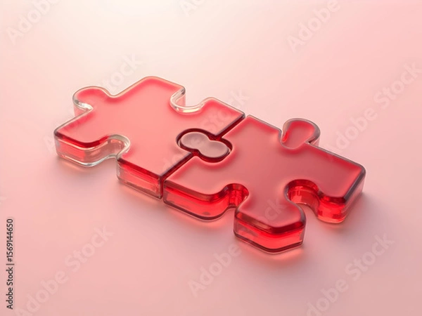 Fototapeta 3 D Render of Two Interlocking Translucent Red Glass Puzzle Pieces on a Light Pink Background image