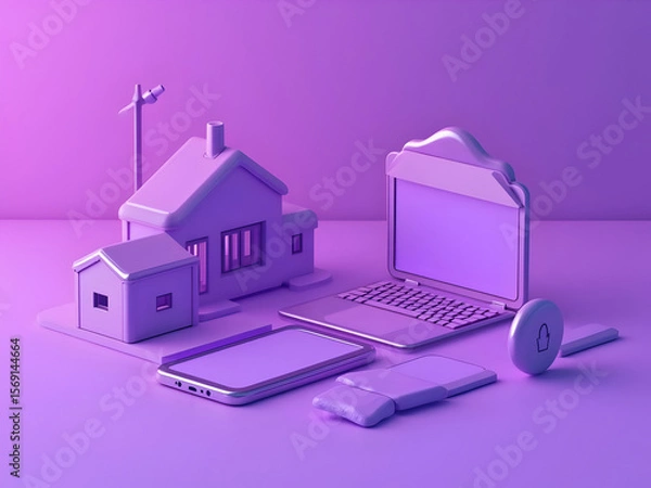Fototapeta 3 D render of a purple smartphone housing a miniature house model next to a laptop and other tech accessories on a purple surface under soft purple lighting