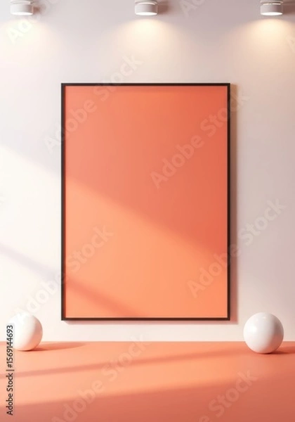 Fototapeta Photo of a coral frame mockup with spheres sits under spotlights