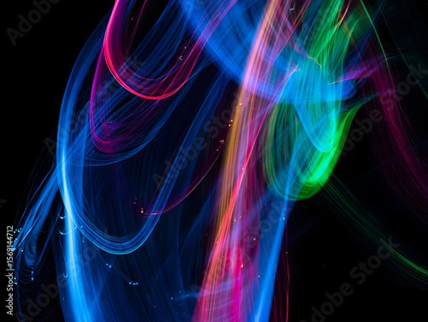 Fototapeta Abstract swirling light painting vibrant blue pink green and orange hues dynamic energy flowing lines dark background luminous trails glowing streaks multicolored cosmic nebula