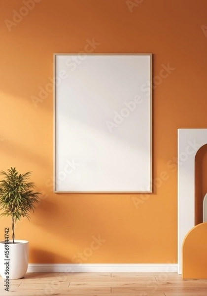 Fototapeta Photo of a blank poster is displayed on an orange wall with a plant
